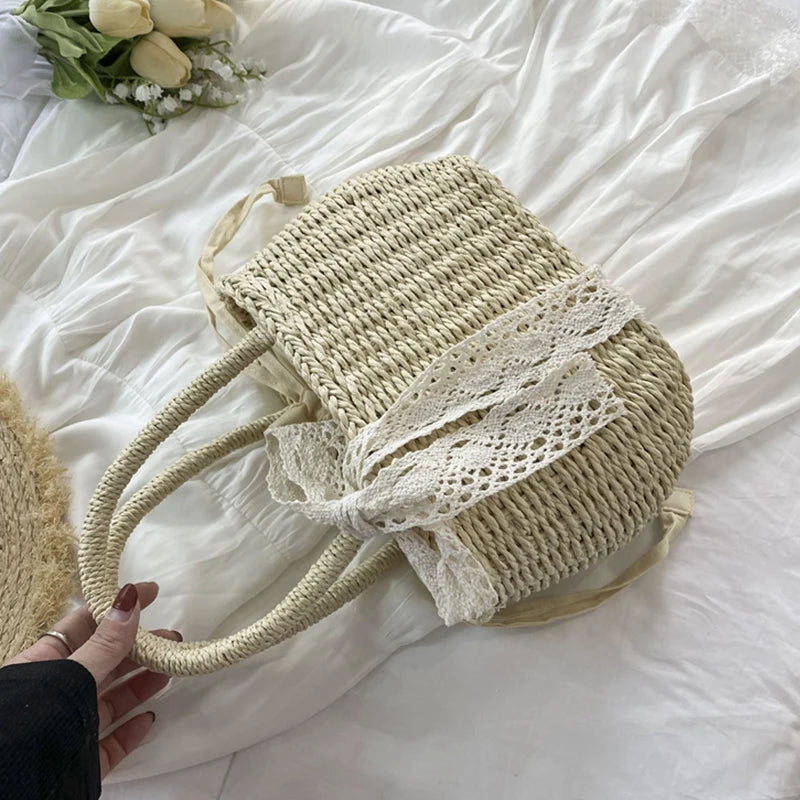 Women Straw Woven Drawstring Handbag Girls Solid Color Holiday Purse Crossbody Beach Bags Summer Rattan Tote