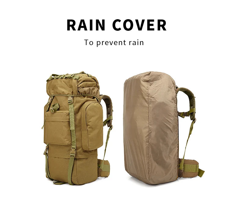 65L Large Capacity Waterproof Outdoor Hking Backpack Tactical Hunting Camping Rucksack Rain Cover Mountaineering Climbing Bags