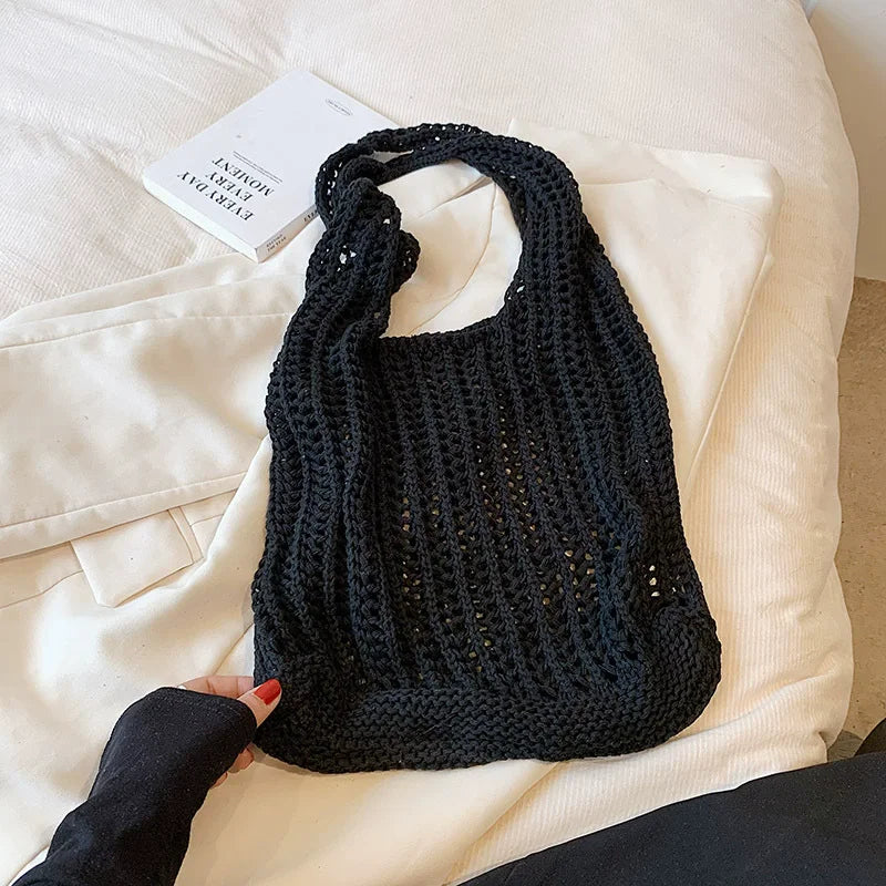 Summer Knitted Hollow Underarm Bag Women's Large Capacity Shopper Tote Bag Simple Design Casual Travel Handbags