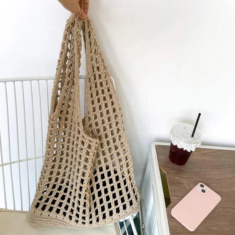 Fashion Crochet Bags for Women Summer Beach Tote Bag Aesthetic Totes Handbag Bohemian Woven Knit Shoulder Bag