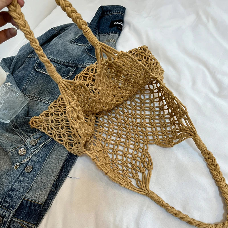 Hand-Woven Bag Women Handmade Hollow Handbag Female Shoulder Bag Big Capacity Summer Casual Travel Beach Tote Purse