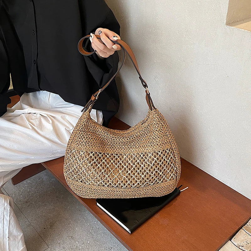 Women Hollow Shoulder Bag Large Capacity Straw Weaving Travel Handbag Adjustable Strap Shopper Tote Bag