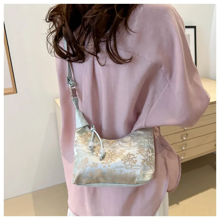 Fashionable Chinese Handbags Fashion Trend Single Shoulder Bag Light Simple Crossbody Bag Random Printed Satin Women's Tote Bag