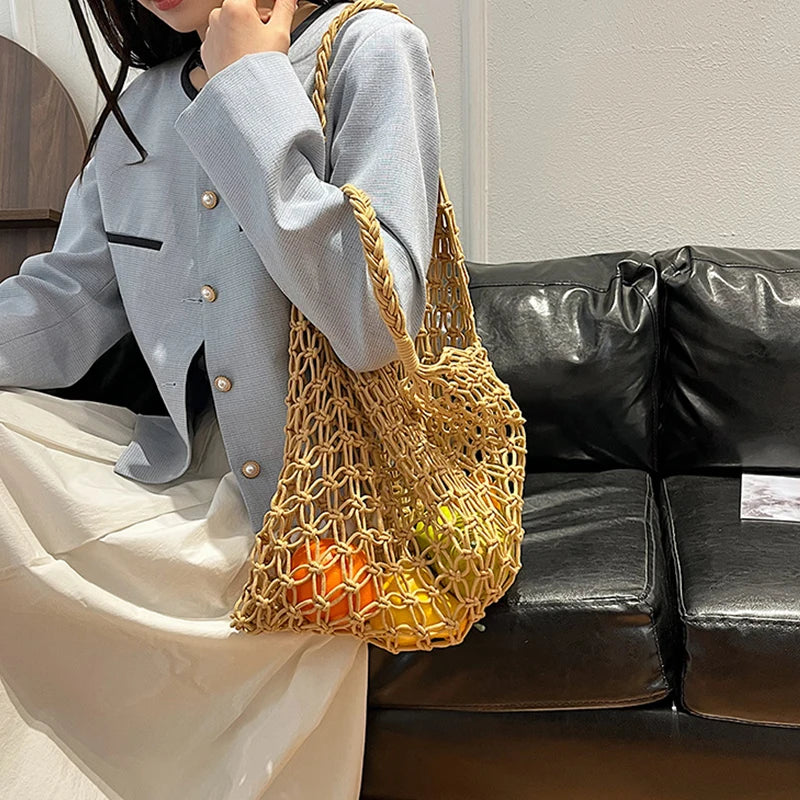 Women Bag Bucket Cotton Beach Bag Bag Casual Hollow Out Solid Soft High-Capacity Shoulder Bag Travel Handbag