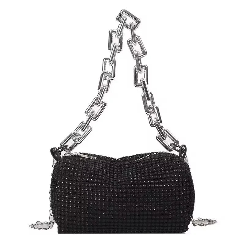 Full Version Rhinestone Bucket Tote Bag, Stylish Sparkling Chain Ball Pillow Shoulder Bag, Women's Mini Hand-Held Crossbody Bag