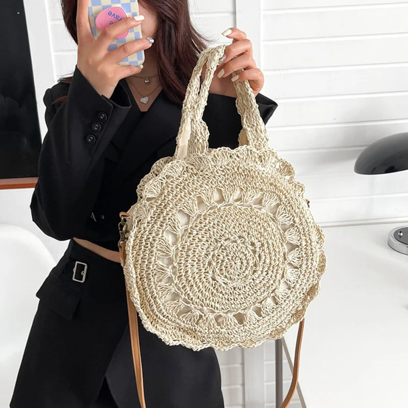 Bohemian Straw Bags for Women Circle Beach Handbags Summer Rattan Shoulder Bags Handmade Knitted Travel Big Totes Bag New