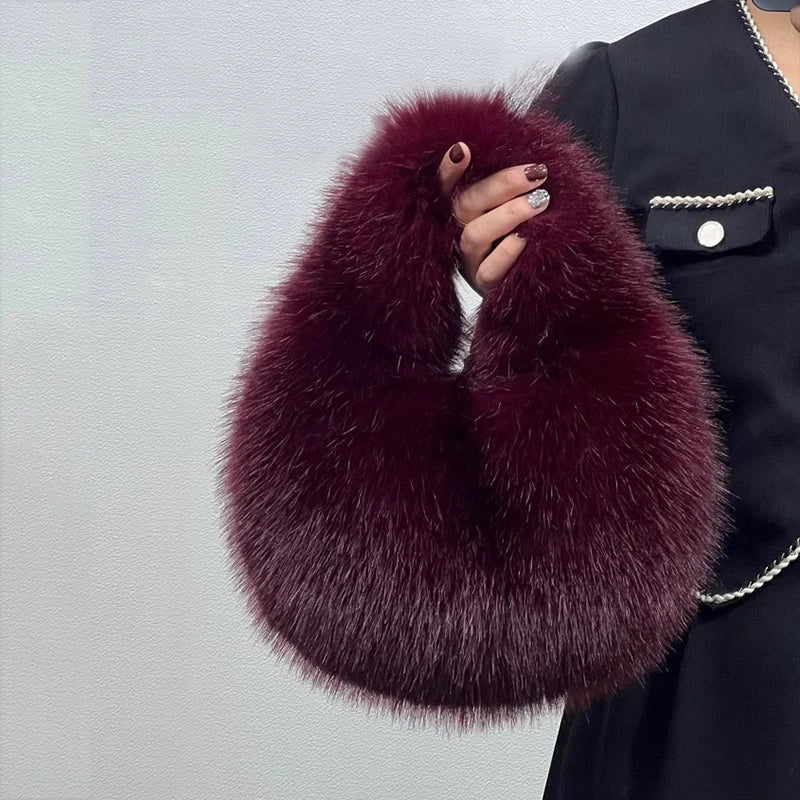 Fashion Soft Plush Half Moon Bags for Women Designer Fluffy Faux Fur Lady Handbags Luxury Small Tote Female Winter Purses