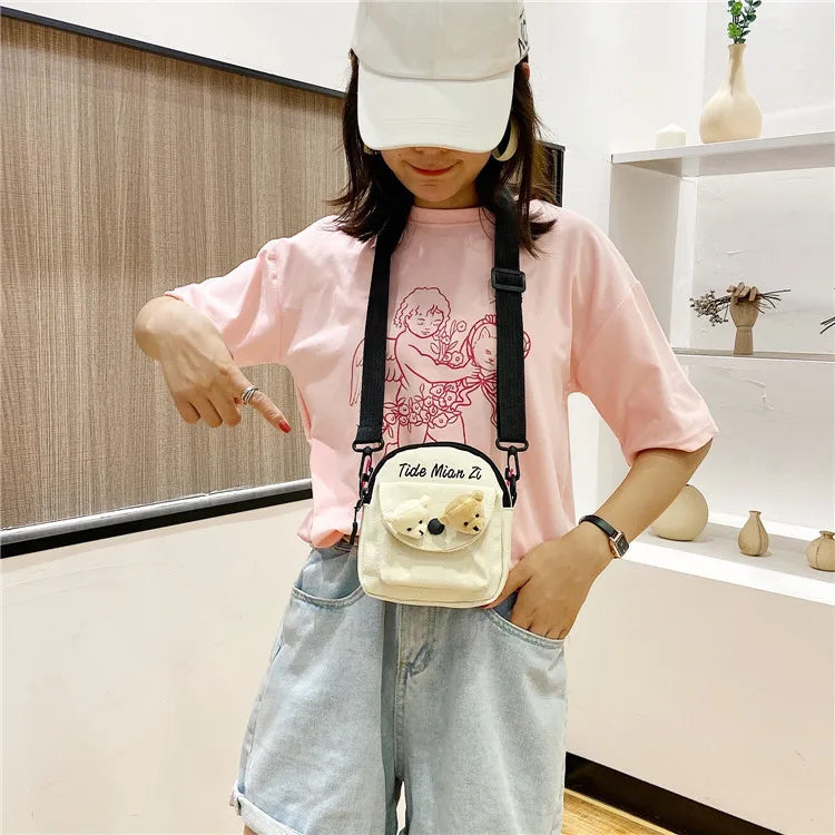 Cartoon Mini Canvas Bag Cute Small Crossbody Bags for Woman Phone Tissue Coin Purse Pocket, Student Shoulder Bag with Pin Bear