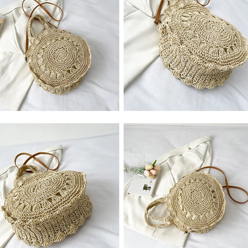 Summer Round Straw Bag Women Woven Rattan Beach Bag Hot New Shoulder Bag Circle Hollow Out Handle Bag Casual Shopper Tote Pouch