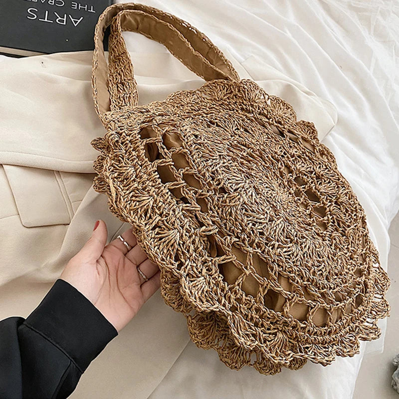 Bohemian Straw Bags for Women Circle Beach Handbags Summer Rattan Shoulder Bags Handmade Knitted Travel Big Totes Bag New