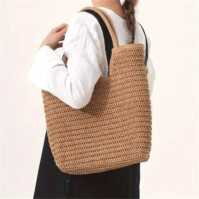 Straw Woven Tote Bag Large Capacity Shoulder Bag Versatile Knit Handbag Storage Bags For Women Stylish Vacation Beach Shopping