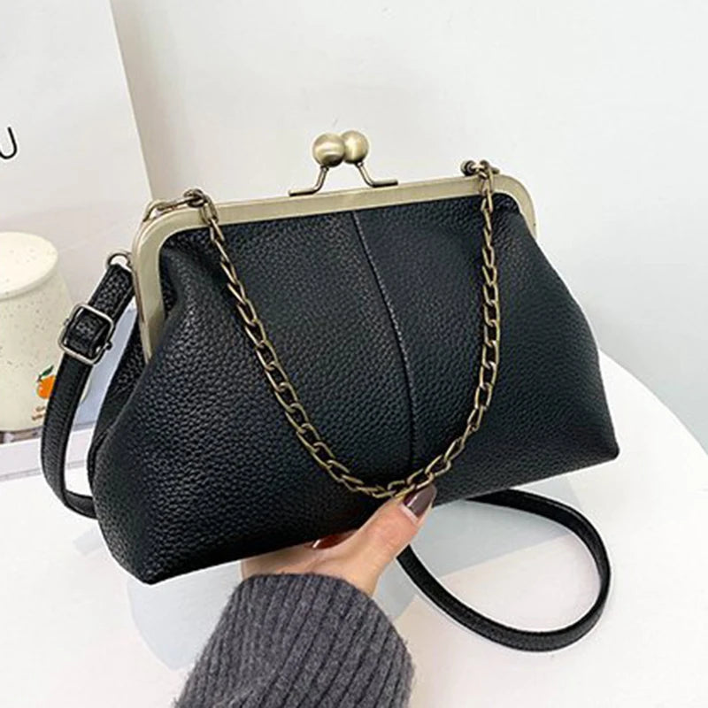 Vintage Soft Skin Shell Bag New Lychee Pattern Handbag Simple And Versatile Shoulder Bag Clip Chain Crossbody Women's Bag