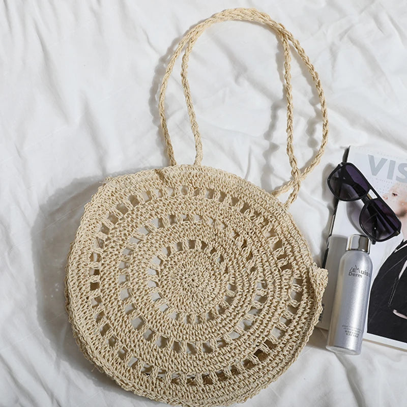 Summer Round Straw Bag Women Woven Rattan Beach Bag Hot New Shoulder Bag Circle Hollow Out Handle Bag Casual Shopper Tote Pouch