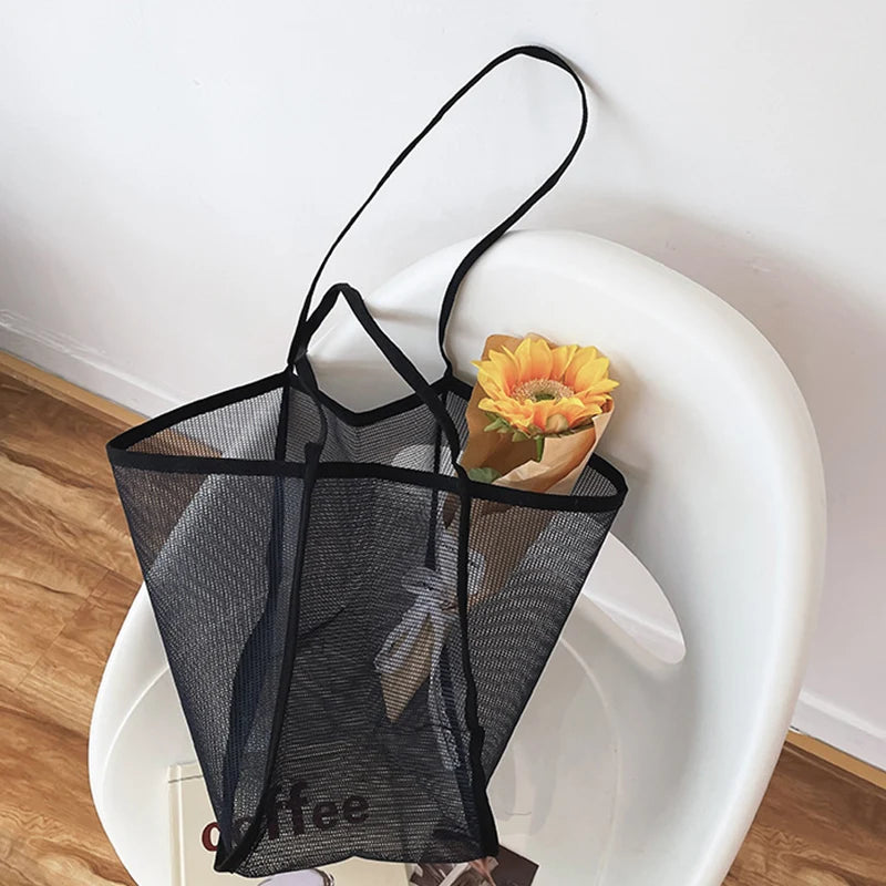 Fashion Large Capacity Handbag Mesh Hollow Out Design Beach Travel Package For Women Single Shoulder Bag Female Shopper Totes