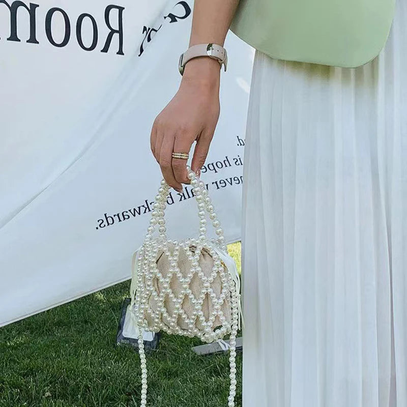Fashion Lady Basket Handbag Summer Women's Shoulder Crossbody Bag Bohemia Travel Beach Bag Luxury Design Pearl Shopper Tote