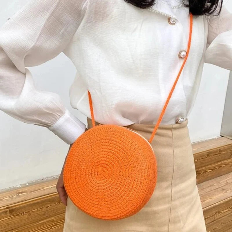 Round Straw Bag Women Woven Beach Crossbody Bag for Ladies Cute Shoulder Rattan Handmade Knitted Candy Color Small Handbag Bolsa