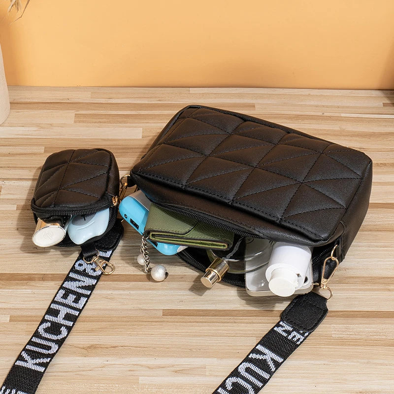 New Solid Color Diamond Plaid Son And Mother Fashion Shoulder Bag Trendy Letter Wide Shoulder Strap Crossbody Small Square Bag