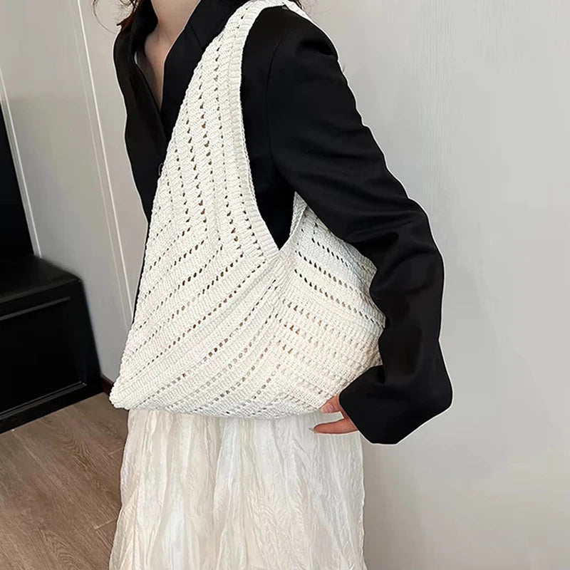 Brand Women Tote Knitting Handbag Triangle Design Woven Beach Bag Lightweight Elegant Portable Shoulder Bag Purse