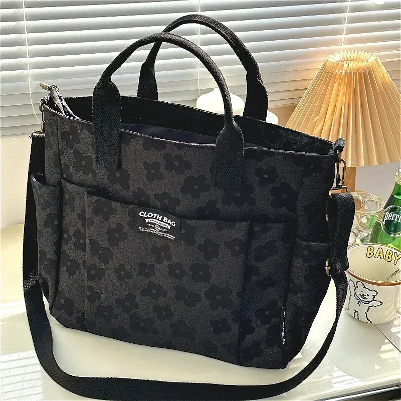 3D Floral Design Tote Bag, Thickened Zipper, Multifunctional Canvas Bag, Student Computer Handbag Shoulder Crossbody School Bag,