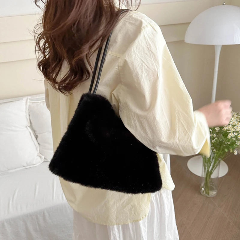 Women Fluffy Shoulder Bag Top-handle Bag New Fashion Female Autumn Winter Handbag Soft Plush Versatile Shopping Tote