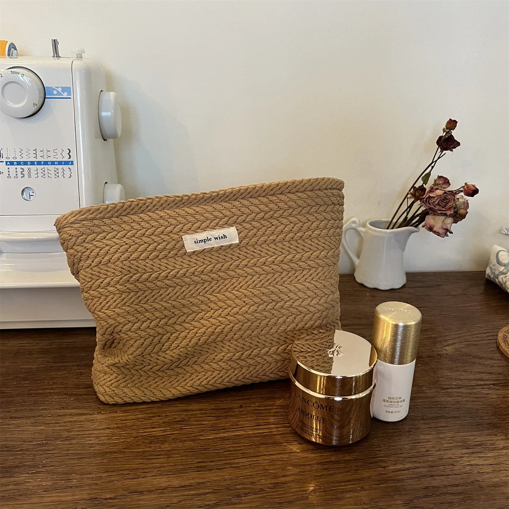 Handwoven Cotton Makeup Bag – Artistic Crochet Cosmetic Pouch with Zipper, Minimalist Clutch for Women