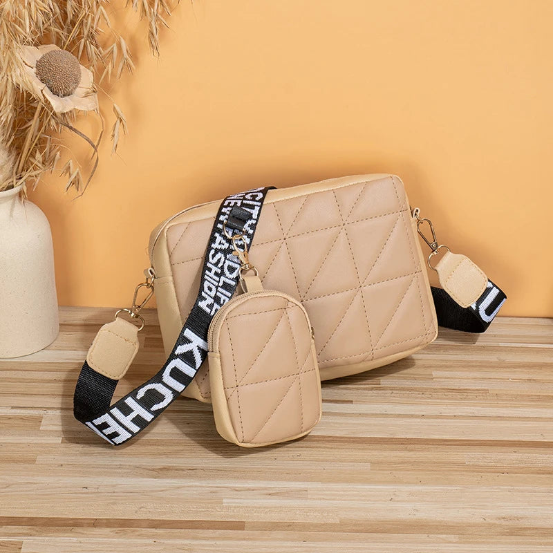 New Solid Color Diamond Plaid Son And Mother Fashion Shoulder Bag Trendy Letter Wide Shoulder Strap Crossbody Small Square Bag
