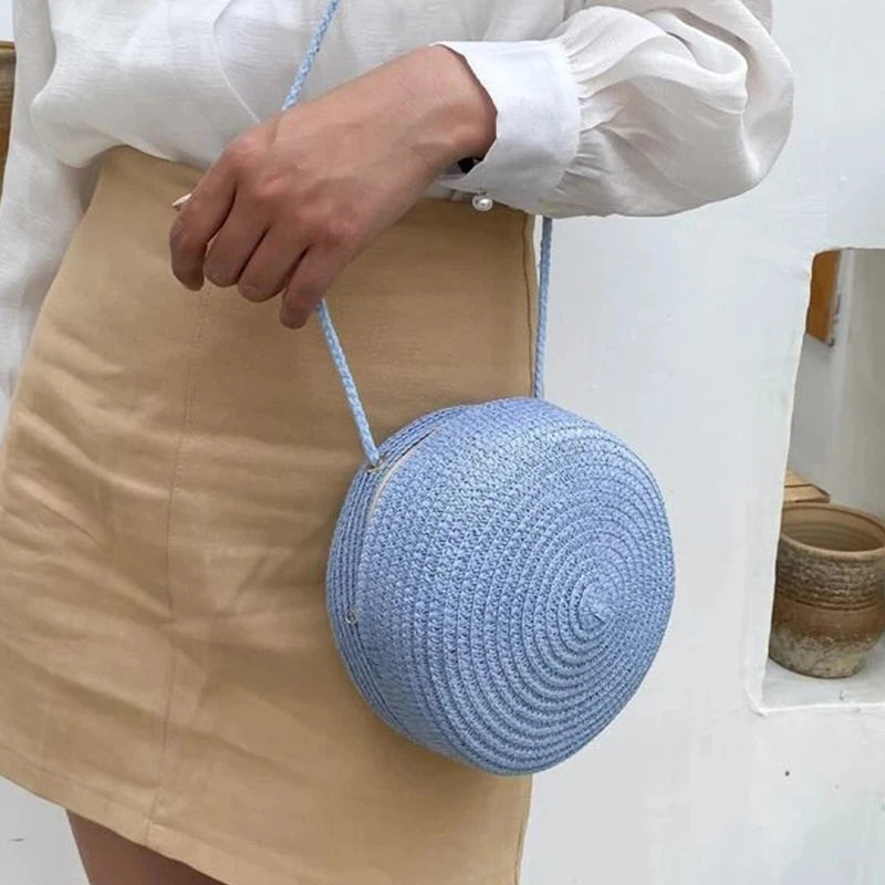Round Straw Bag Women Woven Beach Crossbody Bag for Ladies Cute Shoulder Rattan Handmade Knitted Candy Color Small Handbag Bolsa