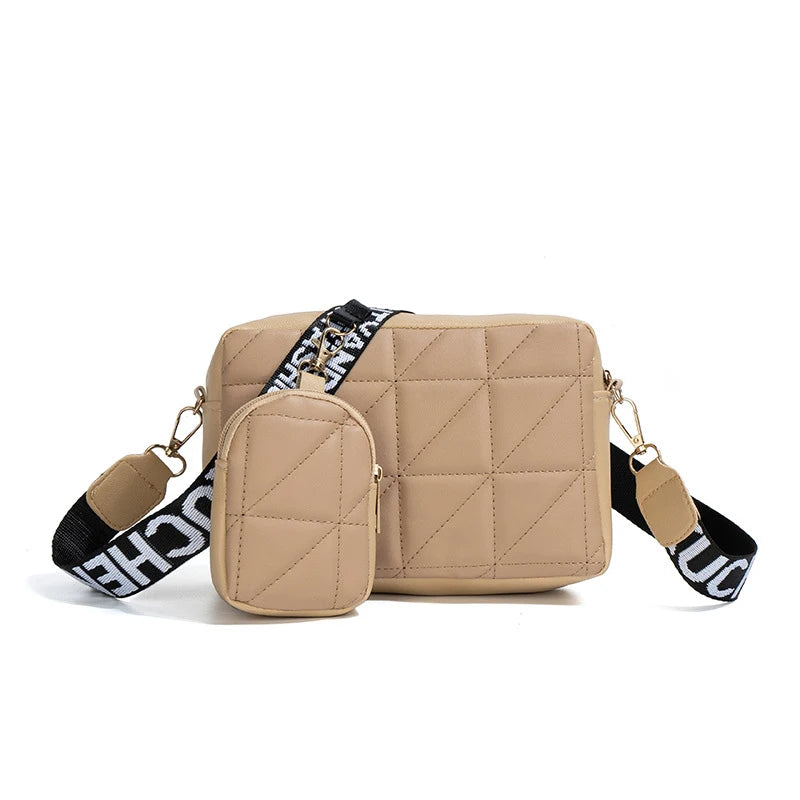New Solid Color Diamond Plaid Son And Mother Fashion Shoulder Bag Trendy Letter Wide Shoulder Strap Crossbody Small Square Bag