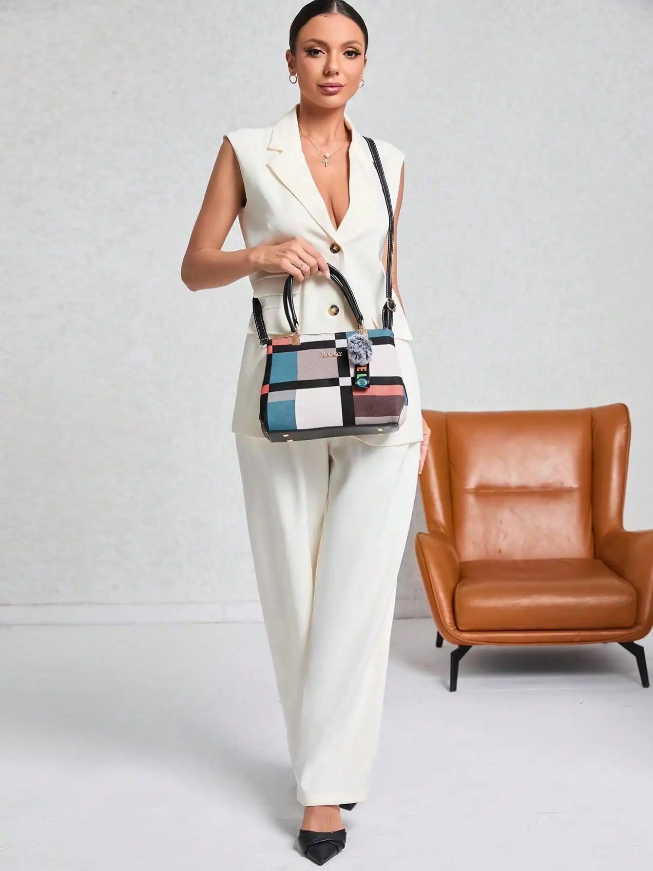 Ladies' random grid design decoration, fashionable and simple casual single shoulder handbag