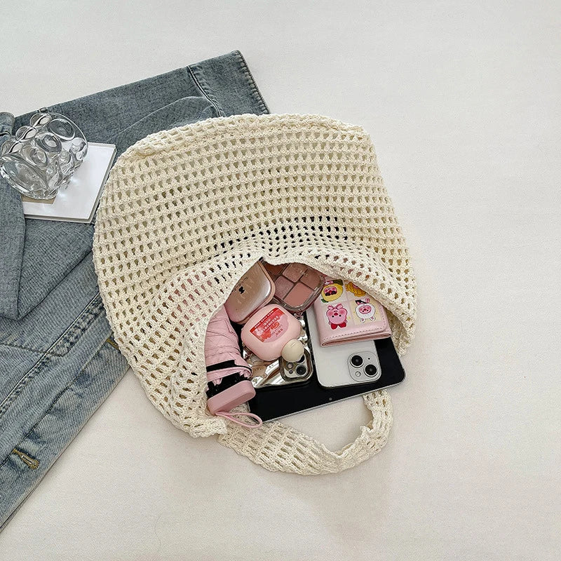 New Sweet Crochet Shoulder Bag Leisure Beach Hollow Out Handbag Women Solid Color Woven Totes Bag For Travel
