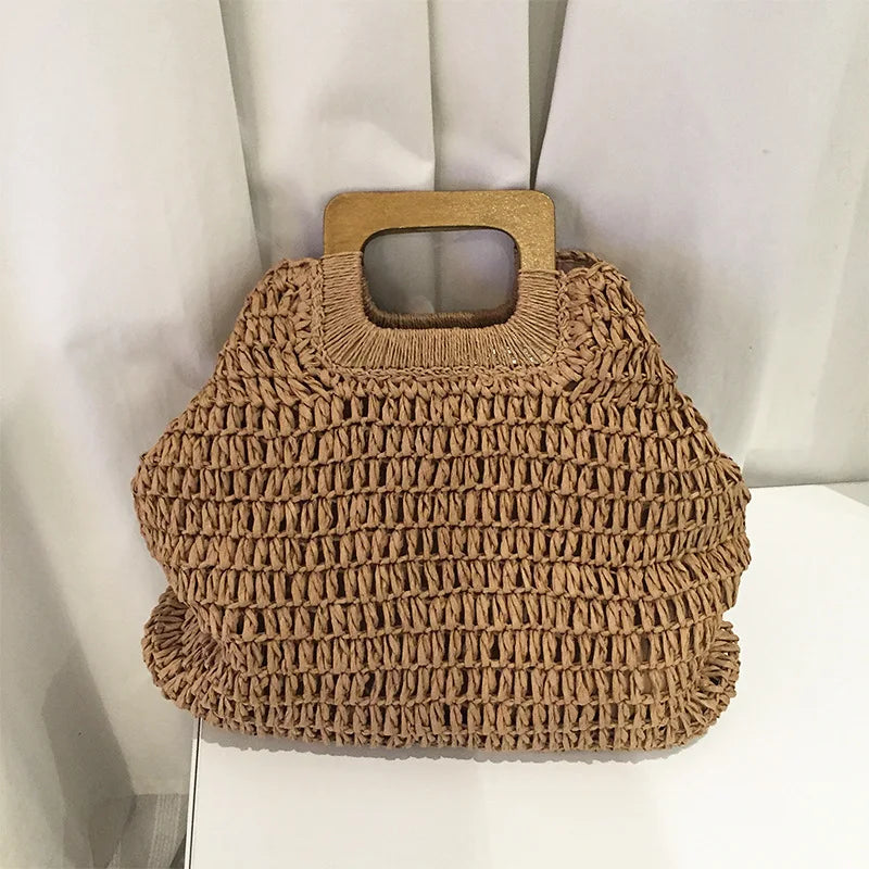 Summer Woven Straw Handbag Female Wooden Handle Bag Large Capacity Travel Beach Bag Fashion Style Totes Hollow out Tote Bolsa