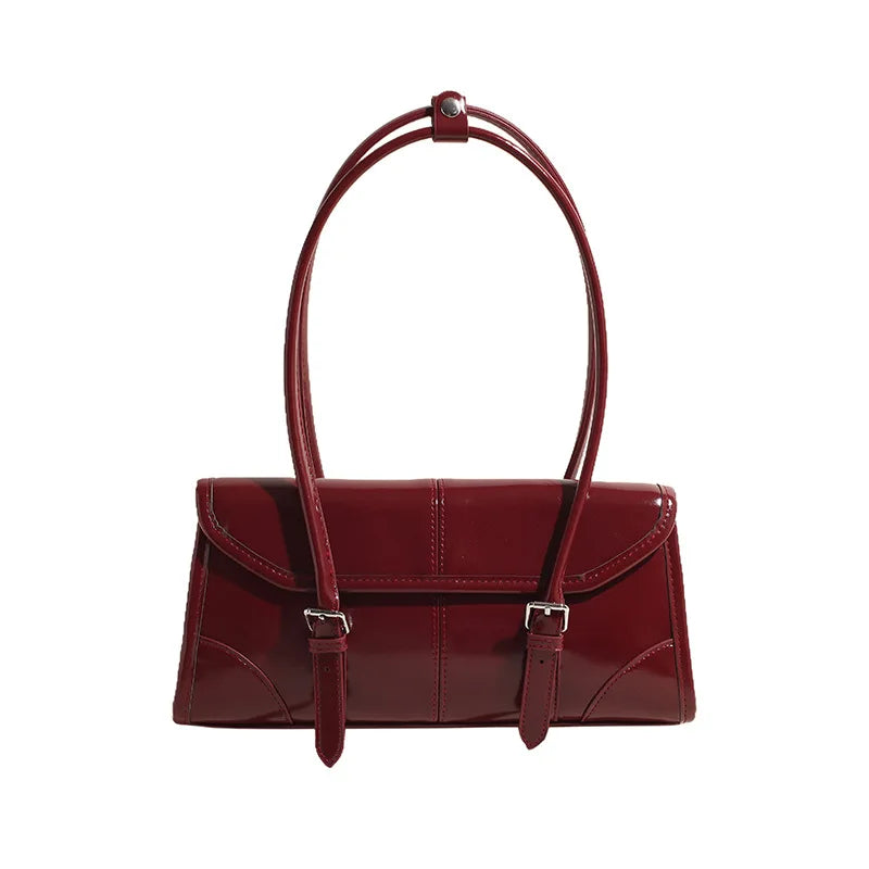 High End Burgundy Oil Wax PU Leather Underarm Bag Elegant Women's Magnetic Buckle Shoulder Bag Commuter Versatile Ladies Tote Ba