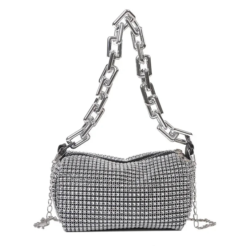 Full Version Rhinestone Bucket Tote Bag, Stylish Sparkling Chain Ball Pillow Shoulder Bag, Women's Mini Hand-Held Crossbody Bag