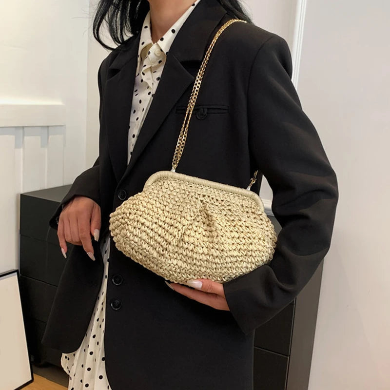 Straw Dumpling Clutch Bag Woven Straw Tote Clutch Purse For Women Summer Beach Bag Wicker Clutch Straw Purses For Women