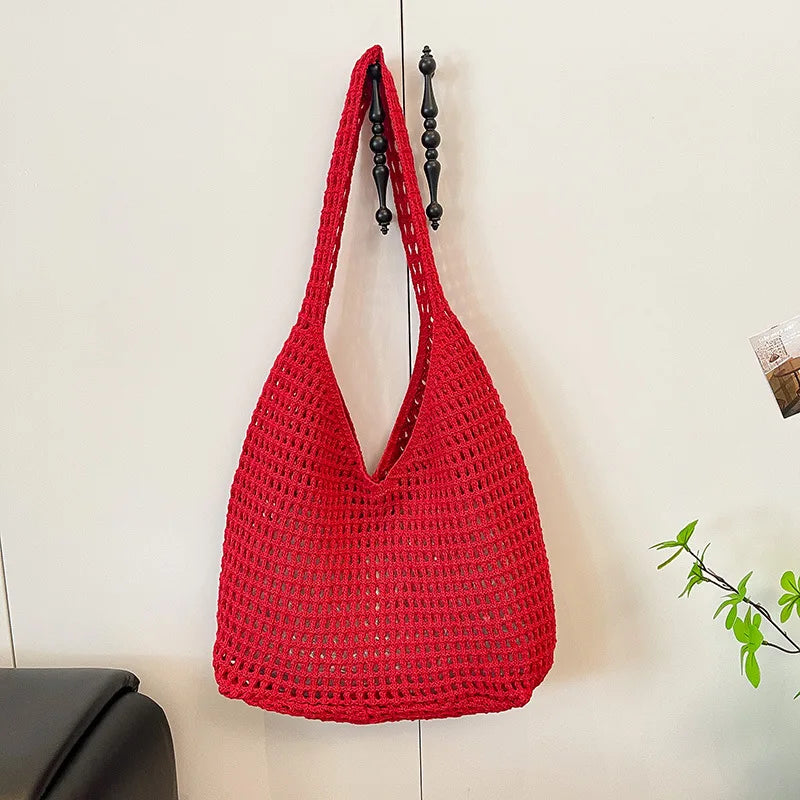 New Sweet Crochet Shoulder Bag Leisure Beach Hollow Out Handbag Women Solid Color Woven Totes Bag For Travel