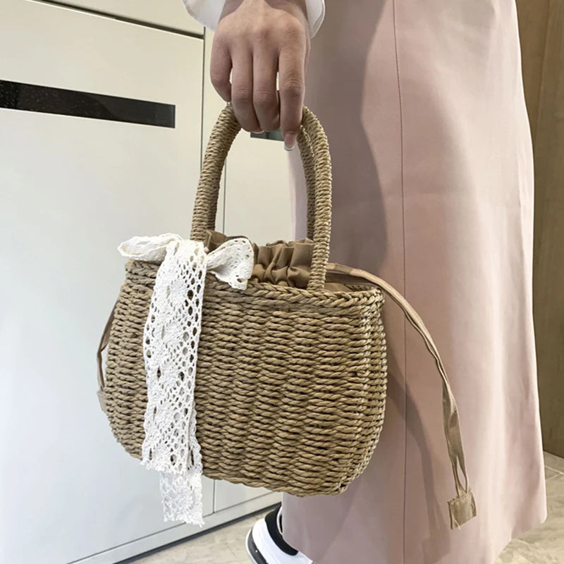 Women Straw Woven Drawstring Handbag Girls Solid Color Holiday Purse Crossbody Beach Bags Summer Rattan Tote