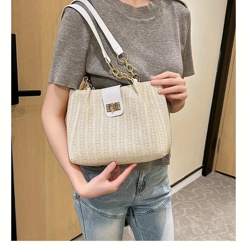 Elegant Women's Woven Fabric Shoulder Bag with Adjustable Chain Strap Front Flap Button Closure Professional Use, Woven Handbag