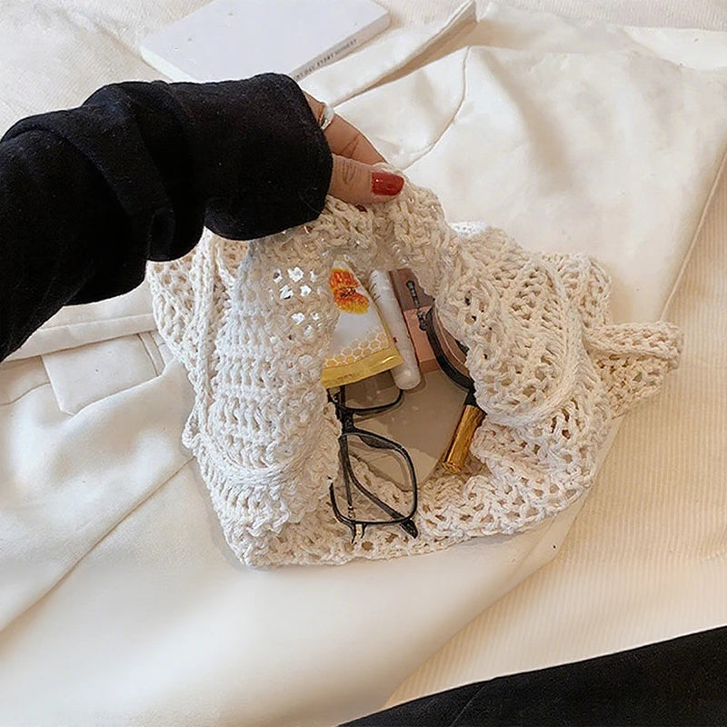 Summer Knitted Hollow Underarm Bag Women's Large Capacity Shopper Tote Bag Simple Design Casual Travel Handbags