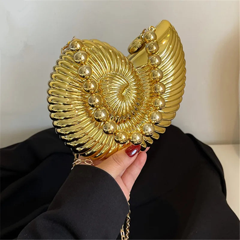 Golden Conch Shaped Shoulder Bag, Detachable Shoulder Strap, Lipstick Pouch, Elegant Shoulder Bag, Suitable For Evening Outings