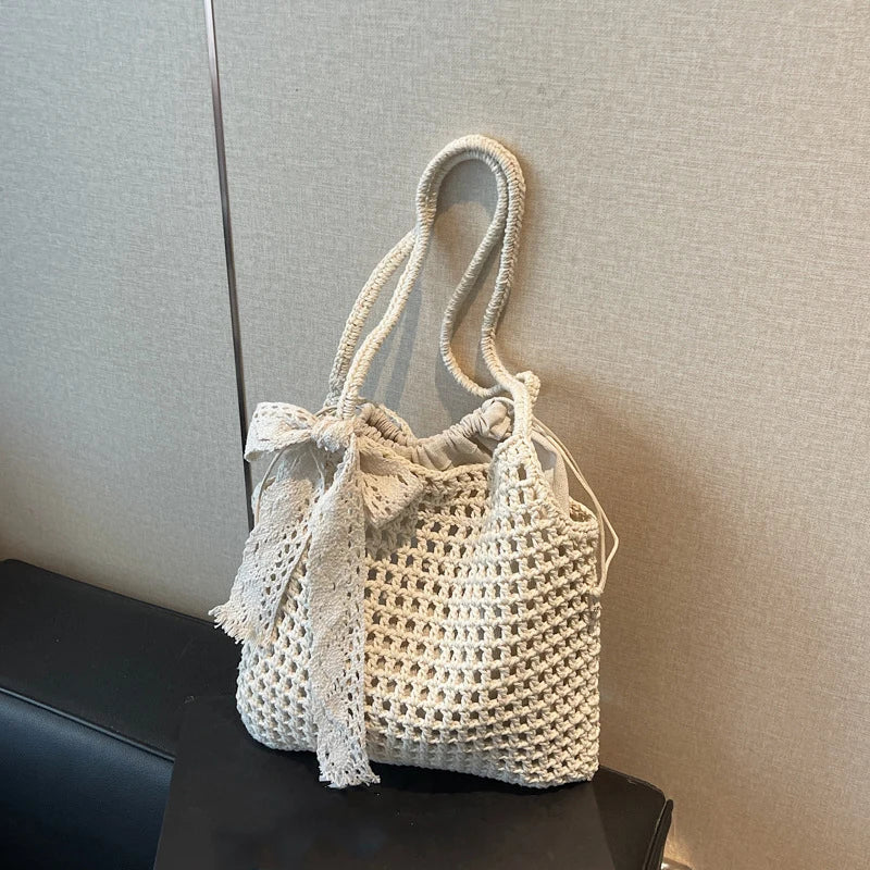 Summer Hollow Woven Shoulder Bags Women's New Casual Beach Bag Versatile Lace Design Commuting Shoulder Tote Bag