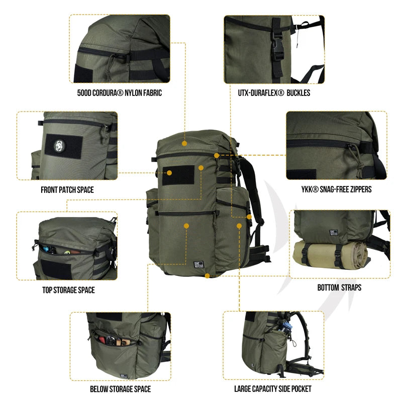 OneTigris WILD ROCKET Bushcraft Pack 45L Rucksack Outdoor Travel Roll Top Backpack With Water Resistant Coating & Axe Holders