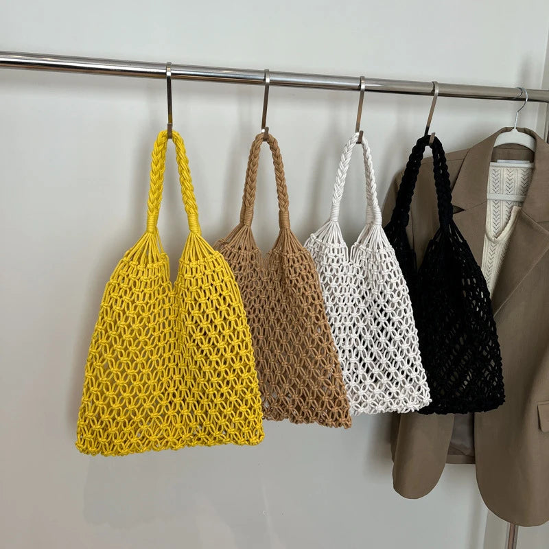 Hand-Woven Bag Women Handmade Hollow Handbag Female Shoulder Bag Big Capacity Summer Casual Travel Beach Tote Purse