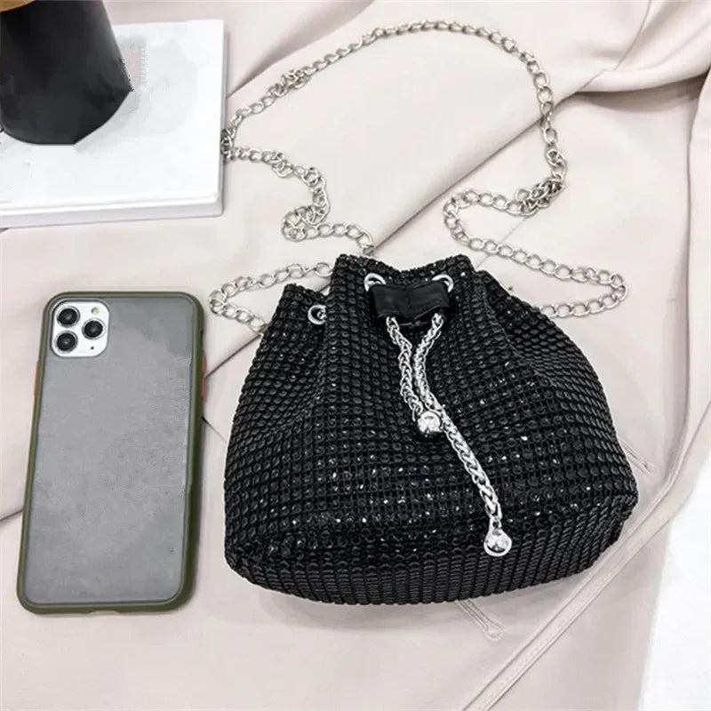 Charming Rhinestone Dinner Bag Sparkling Drawstring Chain Bucket Shoulder Crossbody Bags for Women Daily Christmas Party Banquet