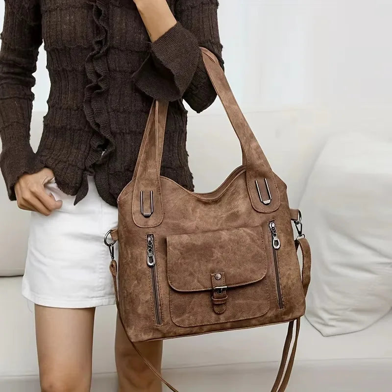 Soft Synthetic Leather Retro Women's Shoulder Tote Bag, Multiple Pockets for Daily Use or Work, Versatile Carry Bag
