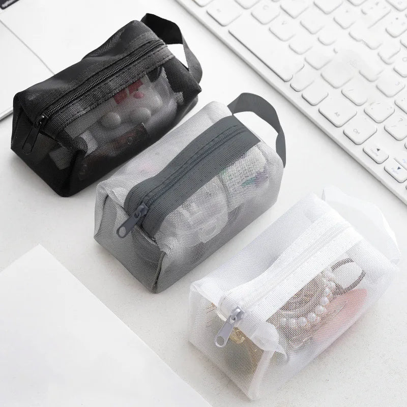 Mini Clear Nylon Mesh Cosmetic Bags Cute Women Small Lipstick Makeup Bags Pouch Data Line Key Earphone Organizer Case