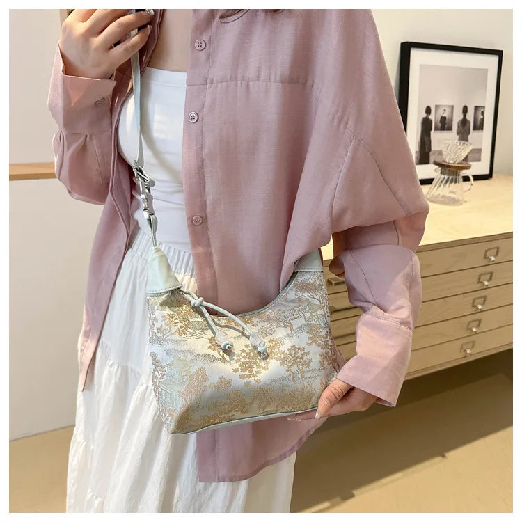 Fashionable Chinese Handbags Fashion Trend Single Shoulder Bag Light Simple Crossbody Bag Random Printed Satin Women's Tote Bag
