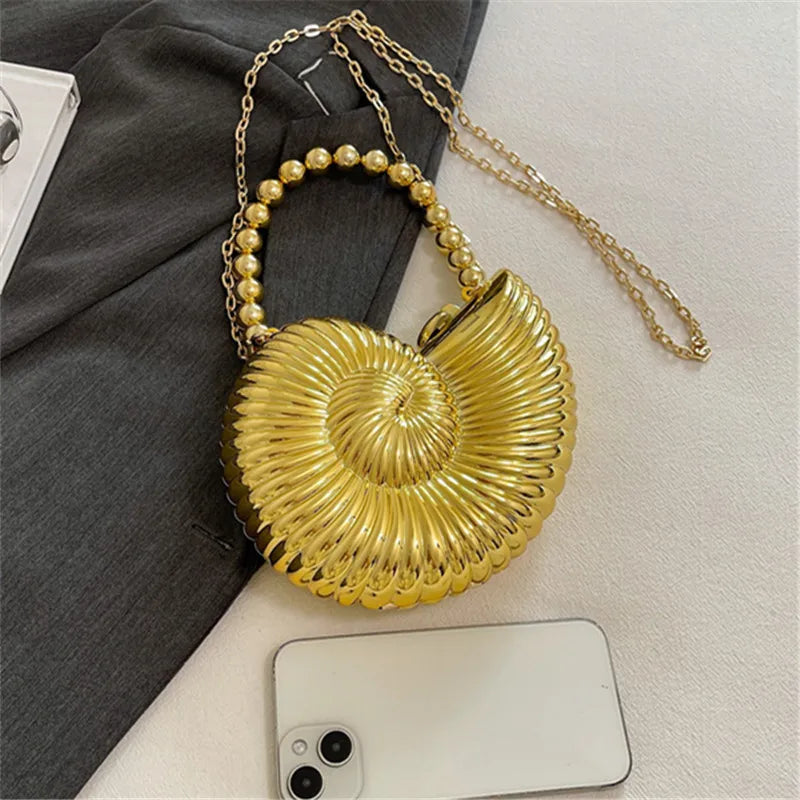 Golden Conch Shaped Shoulder Bag, Detachable Shoulder Strap, Lipstick Pouch, Elegant Shoulder Bag, Suitable For Evening Outings