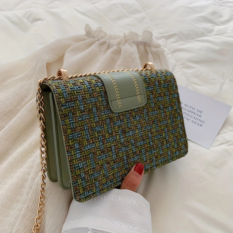 Chic Mini Plaid Tweed Crossbody Bag with Adjustable Strap, Fashionable Buckle Closure - Available in Cream, Green, Blue, Black