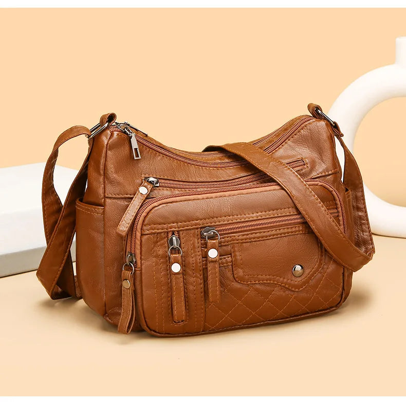 Fashionable Four Seasons Soft Leather Multi Pocket Cross Bags, Multi Layer Zipper Pouch Single Shoulder Bag for Women Daily Use