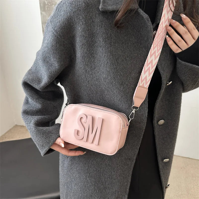Stylish Versatile Women Single Shoulder Bag, SM Letter Pu Leather Small Square Bag, Leisure Wide Shoulder Strap Cross Body Bags